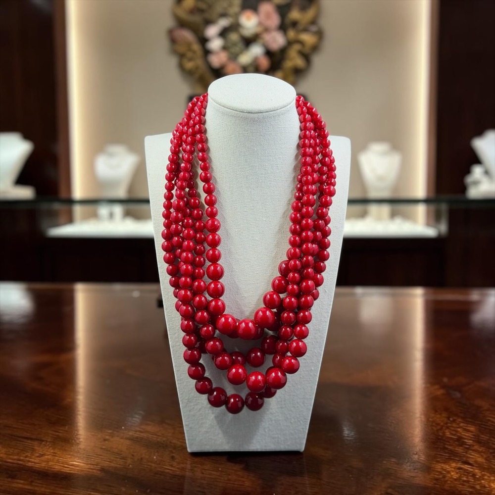Vintage Red Multi Strand Beaded Statement Necklace Coquette Glam Holiday Retro